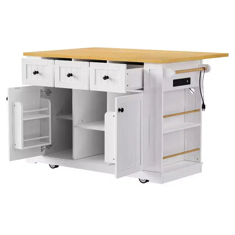 Grand îlot de cuisine avec rabat et prise de courant, chariot de cuisine roulant à 5 roues avec porte, étagère de rangement interne et étagères latérales