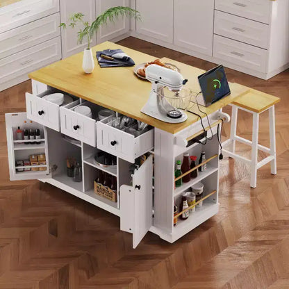 Grand îlot de cuisine avec rabat et prise de courant, chariot de cuisine roulant à 5 roues avec porte, étagère de rangement interne et étagères latérales