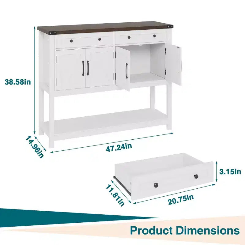 Buffet de rangement, meuble de bar à café moderne style ferme avec 4 portes, 2 tiroirs et une étagère ouverte, table console en bois pour cuisine, salon