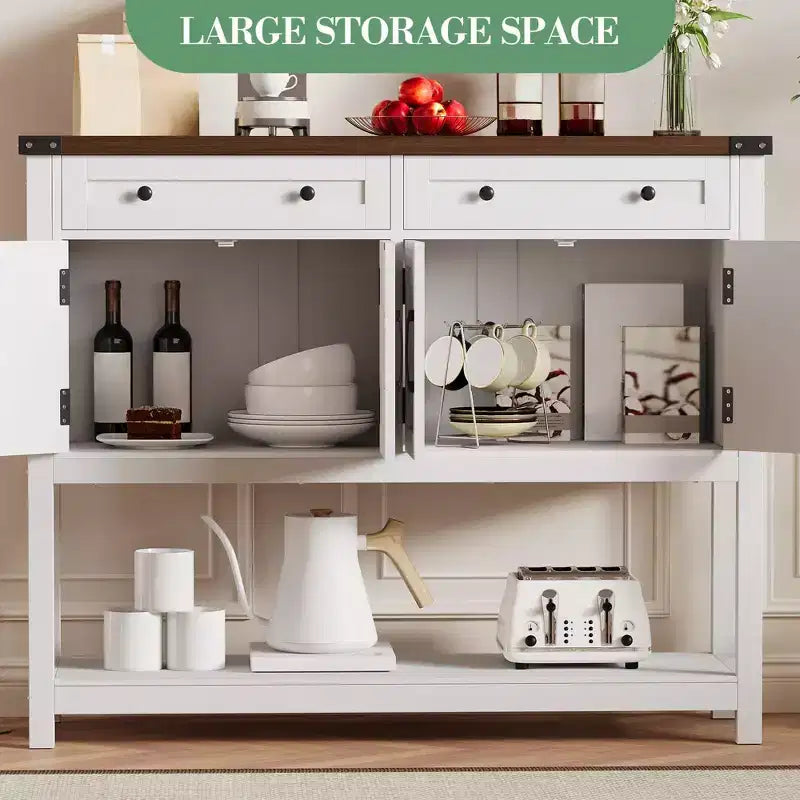 Buffet de rangement, meuble de bar à café moderne style ferme avec 4 portes, 2 tiroirs et une étagère ouverte, table console en bois pour cuisine, salon