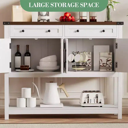Buffet de rangement, meuble de bar à café moderne style ferme avec 4 portes, 2 tiroirs et une étagère ouverte, table console en bois pour cuisine, salon