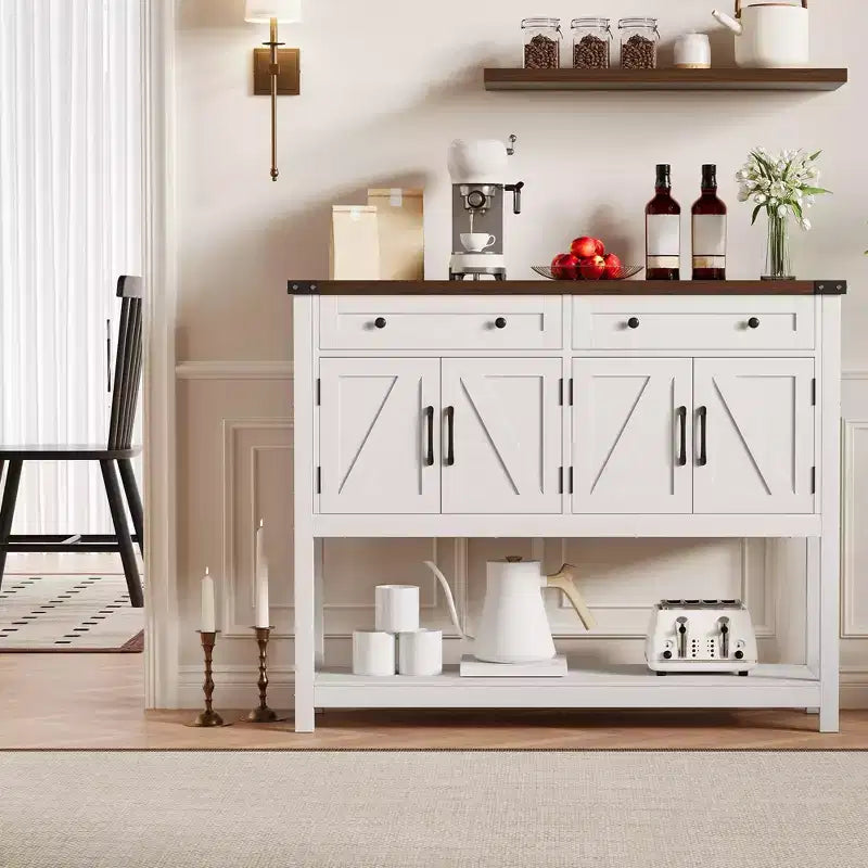 Buffet de rangement, meuble de bar à café moderne style ferme avec 4 portes, 2 tiroirs et une étagère ouverte, table console en bois pour cuisine, salon