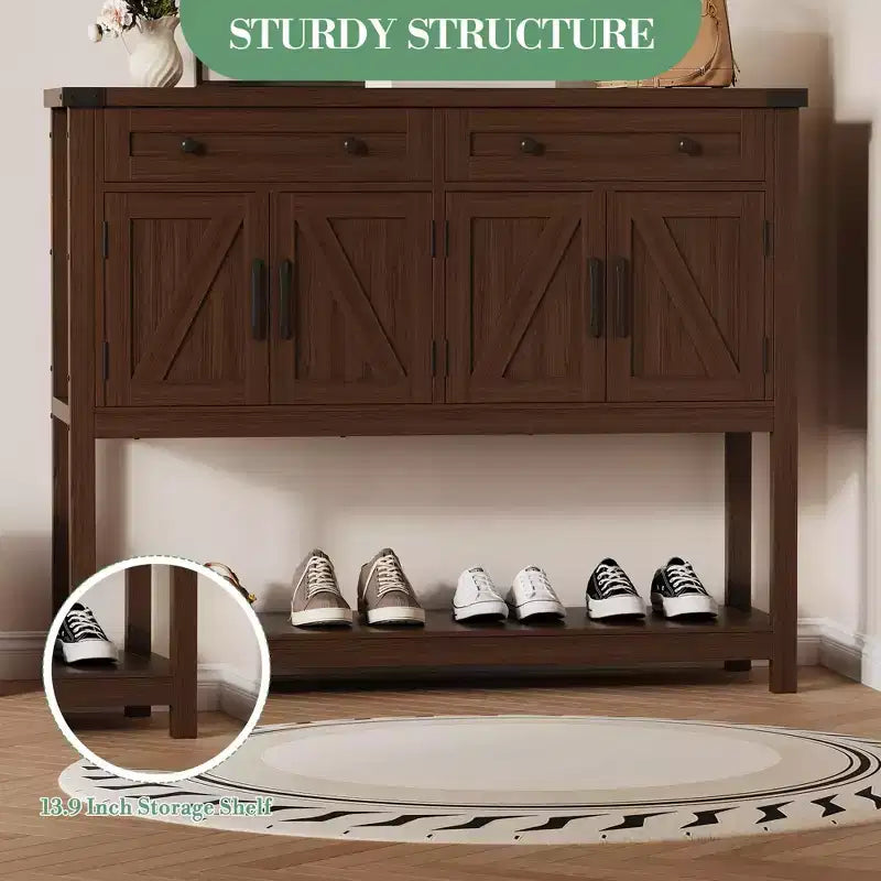 Buffet de rangement, meuble de bar à café moderne style ferme avec 4 portes, 2 tiroirs et une étagère ouverte, table console en bois pour cuisine, salon