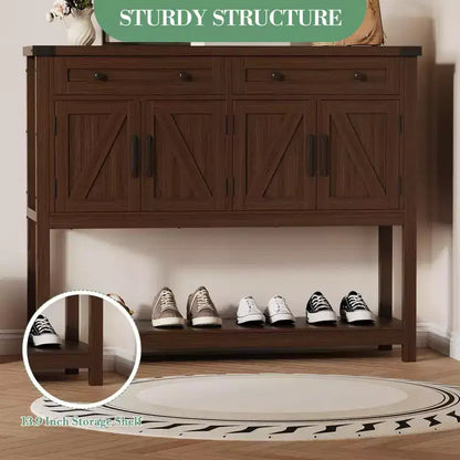 Buffet de rangement, meuble de bar à café moderne style ferme avec 4 portes, 2 tiroirs et une étagère ouverte, table console en bois pour cuisine, salon