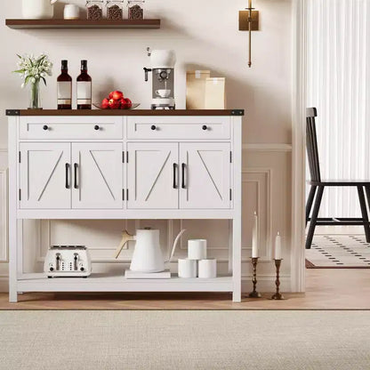 Buffet de rangement, meuble de bar à café moderne style ferme avec 4 portes, 2 tiroirs et une étagère ouverte, table console en bois pour cuisine, salon
