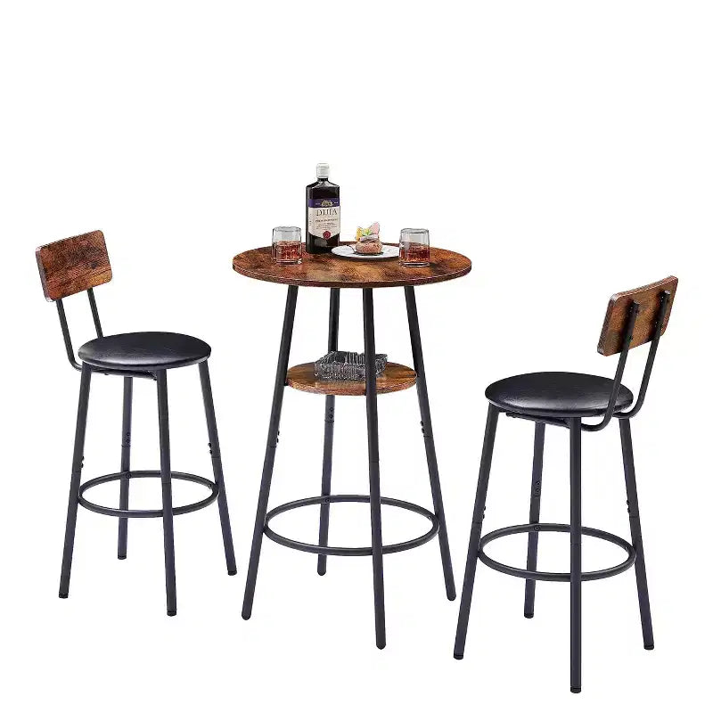 3-Piece Round Bar Set: 2 Upholstered Stools w/ Backrest & 1 Bar Table w/ Shelf, Rustic Brown, 23.62W x 23.62D x 35.43H, One Size