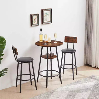 Ensemble de bar rond 3 pièces : 2 tabourets rembourrés avec dossier et 1 table de bar avec étagère, marron rustique, 60L x 60P x 90H, Taille unique