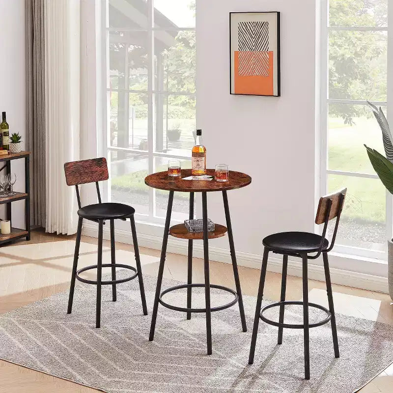 Ensemble de bar rond 3 pièces : 2 tabourets rembourrés avec dossier et 1 table de bar avec étagère, marron rustique, 60L x 60P x 90H, Taille unique