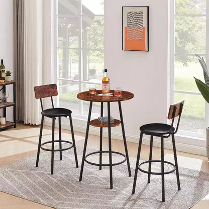 Ensemble de bar rond 3 pièces : 2 tabourets rembourrés avec dossier et 1 table de bar avec étagère, marron rustique, 60L x 60P x 90H, Taille unique