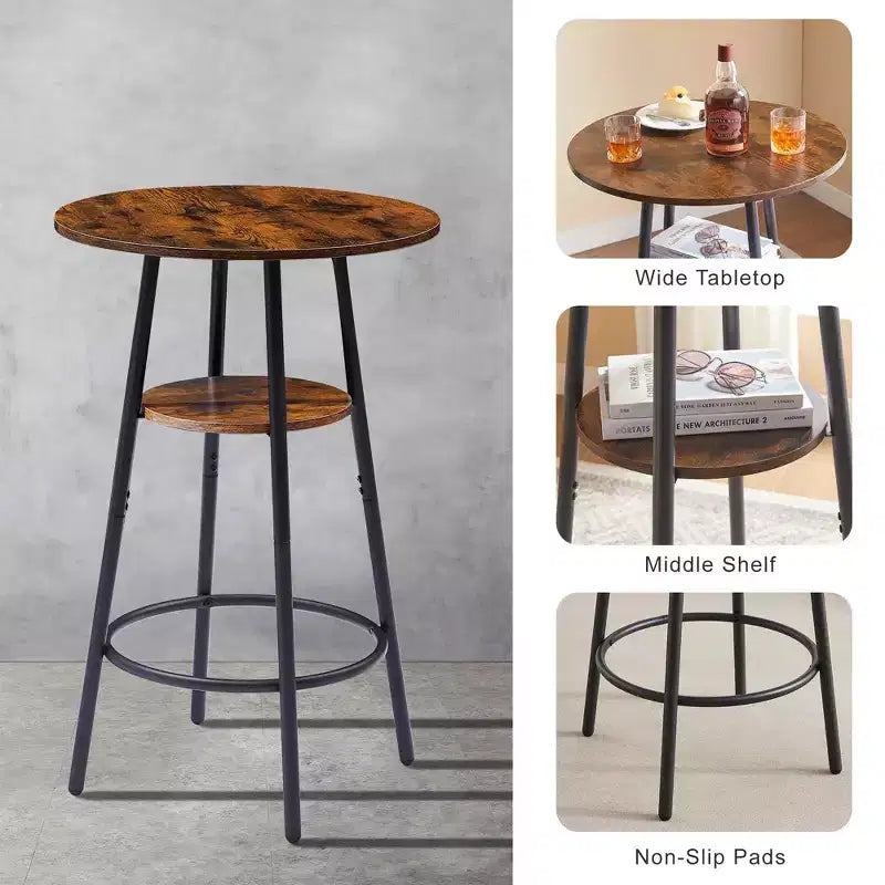 Ensemble de bar rond 3 pièces : 2 tabourets rembourrés avec dossier et 1 table de bar avec étagère, marron rustique, 60L x 60P x 90H, Taille unique