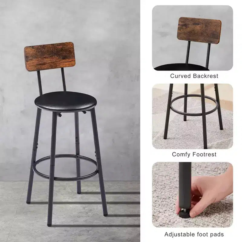 Ensemble de bar rond 3 pièces : 2 tabourets rembourrés avec dossier et 1 table de bar avec étagère, marron rustique, 60L x 60P x 90H, Taille unique