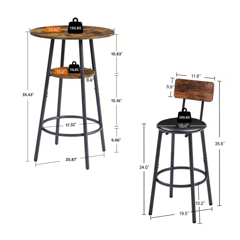 Ensemble de bar rond 3 pièces : 2 tabourets rembourrés avec dossier et 1 table de bar avec étagère, marron rustique, 60L x 60P x 90H, Taille unique
