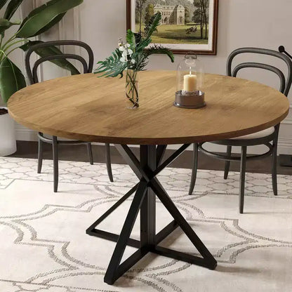 GustoWave Table à manger ronde de 47 pouces pour 4 à 6 personnes, Table de cuisine de style ferme avec plateau en bois et base piédestal en métal pour salle à manger, salon