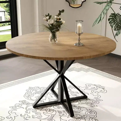 GustoWave Table à manger ronde de 47 pouces pour 4 à 6 personnes, Table de cuisine de style ferme avec plateau en bois et base piédestal en métal pour salle à manger, salon