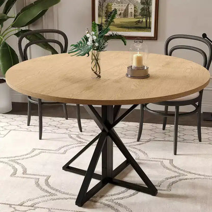 GustoWave Table à manger ronde de 47 pouces pour 4 à 6 personnes, Table de cuisine de style ferme avec plateau en bois et base piédestal en métal pour salle à manger, salon