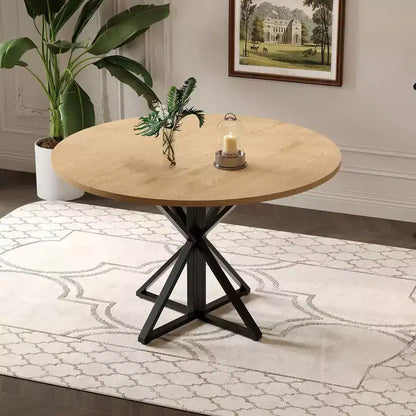 GustoWave Table à manger ronde de 47 pouces pour 4 à 6 personnes, Table de cuisine de style ferme avec plateau en bois et base piédestal en métal pour salle à manger, salon