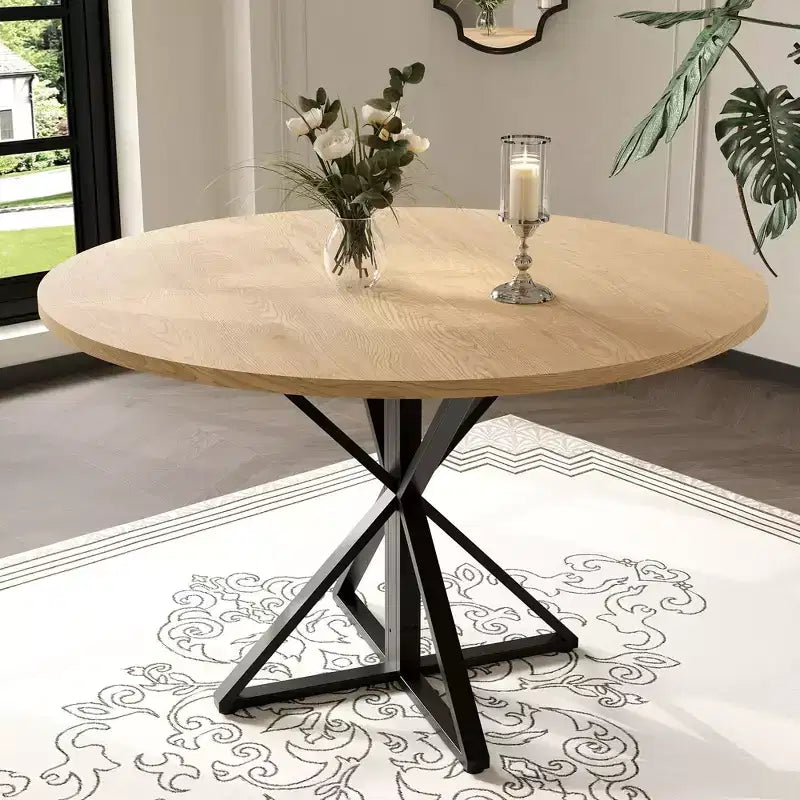 GustoWave Table à manger ronde de 47 pouces pour 4 à 6 personnes, Table de cuisine de style ferme avec plateau en bois et base piédestal en métal pour salle à manger, salon