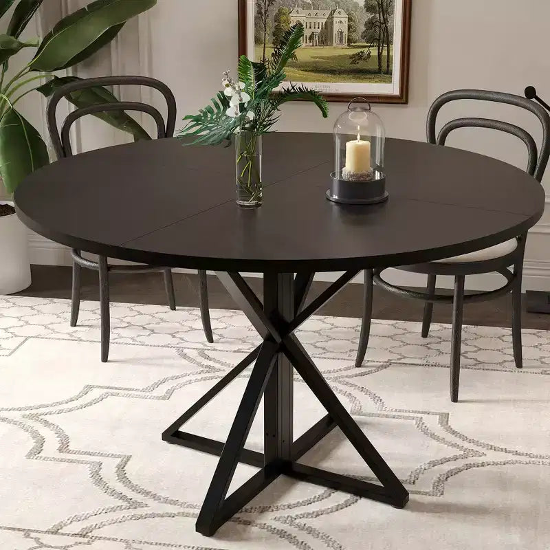 GustoWave Table à manger ronde de 47 pouces pour 4 à 6 personnes, Table de cuisine de style ferme avec plateau en bois et base piédestal en métal pour salle à manger, salon