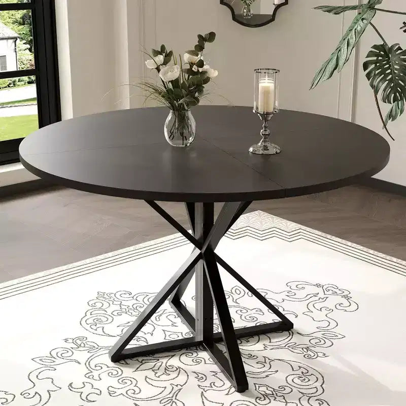 GustoWave Table à manger ronde de 47 pouces pour 4 à 6 personnes, Table de cuisine de style ferme avec plateau en bois et base piédestal en métal pour salle à manger, salon