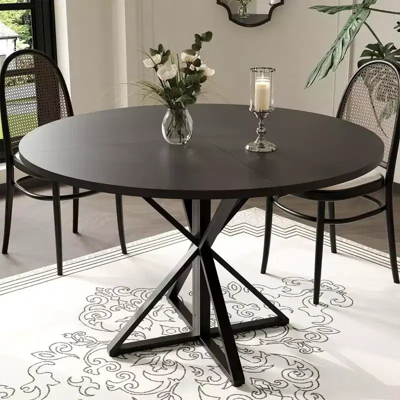 GustoWave 47 Inch Round Dining Table for 4-6, Farmhouse Kitchen Table with Wood Top & Metal Pedestal Base for Dining Room, Living Room