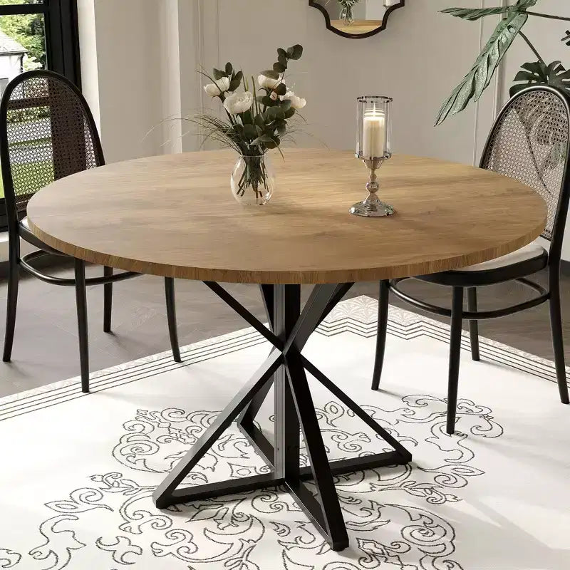 GustoWave Table à manger ronde de 47 pouces pour 4 à 6 personnes, Table de cuisine de style ferme avec plateau en bois et base piédestal en métal pour salle à manger, salon