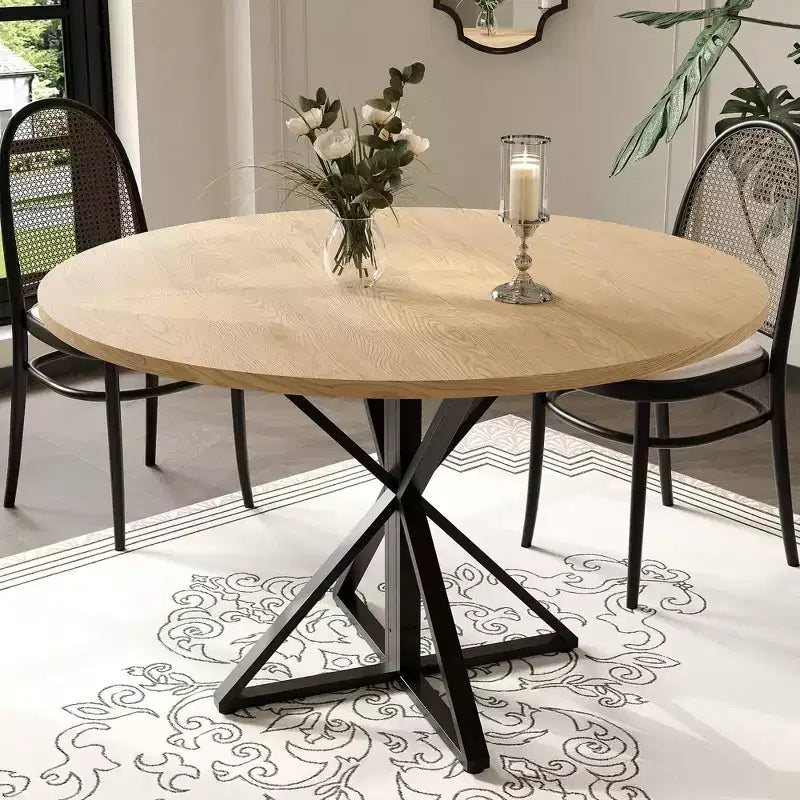 GustoWave Table à manger ronde de 47 pouces pour 4 à 6 personnes, Table de cuisine de style ferme avec plateau en bois et base piédestal en métal pour salle à manger, salon