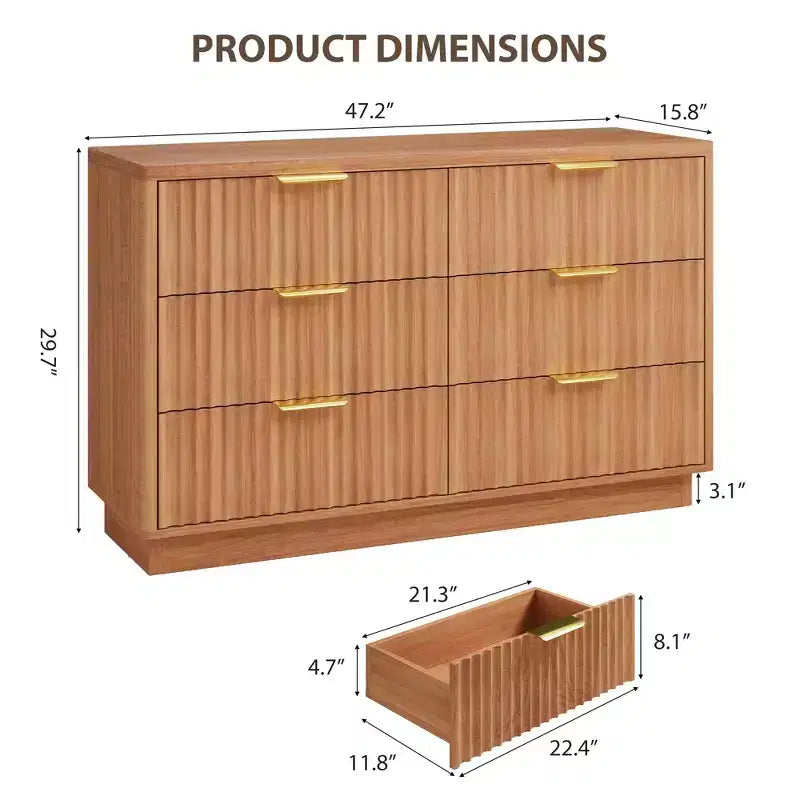 Commode moderne à 6 tiroirs pour chambre à coucher, commode en bois de 120 cm, meuble de rangement compact pour chambre d'enfant, placard, salon, appartement, naturel