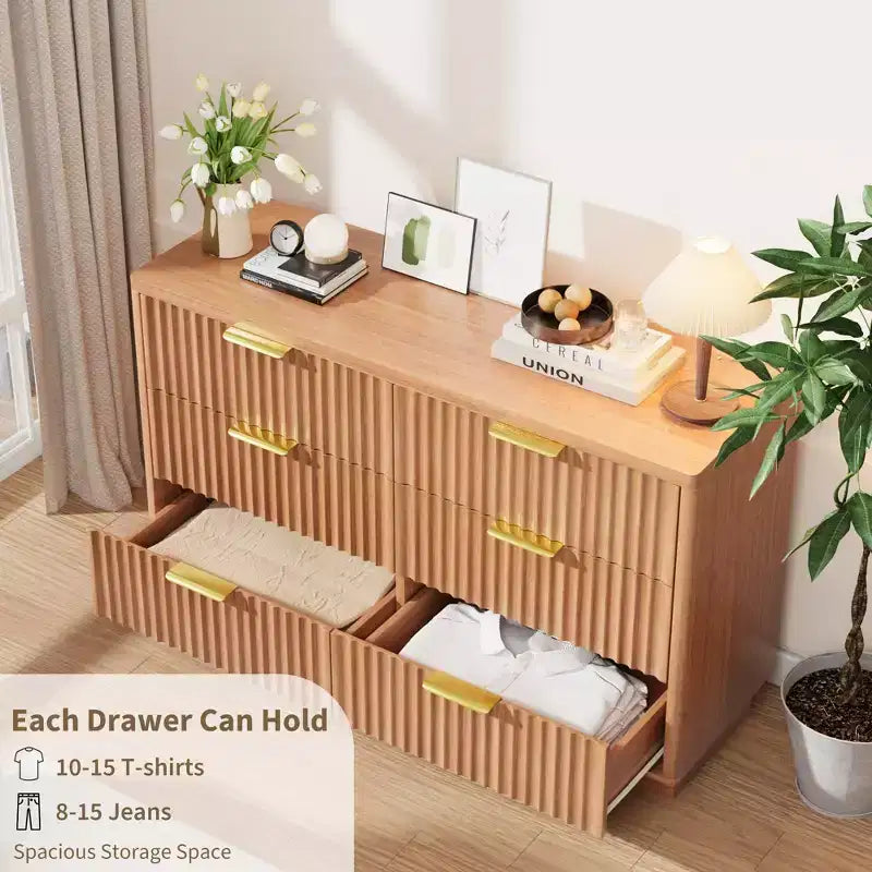 Commode moderne à 6 tiroirs pour chambre à coucher, commode en bois de 120 cm, meuble de rangement compact pour chambre d'enfant, placard, salon, appartement, naturel