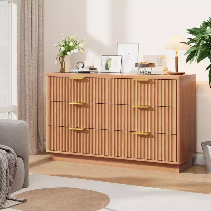 Commode moderne à 6 tiroirs pour chambre à coucher, commode en bois de 120 cm, meuble de rangement compact pour chambre d'enfant, placard, salon, appartement, naturel