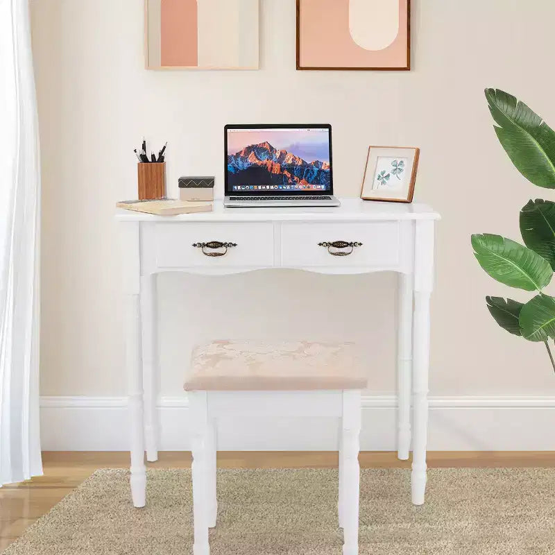 Coiffeuse pliante en trois de Costway avec miroir, 4 tiroirs et tabouret - Blanc