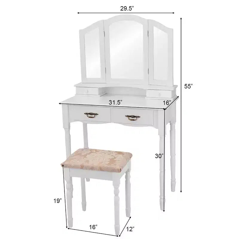 Coiffeuse pliante en trois de Costway avec miroir, 4 tiroirs et tabouret - Blanc