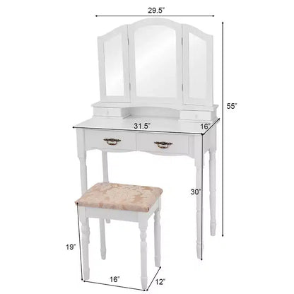 Coiffeuse pliante en trois de Costway avec miroir, 4 tiroirs et tabouret - Blanc