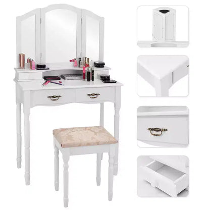 Coiffeuse pliante en trois de Costway avec miroir, 4 tiroirs et tabouret - Blanc