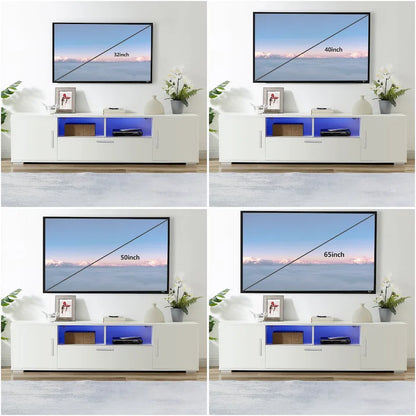 Meuble TV blanc de 160 cm avec lumières LED, armoires et étagères ouvertes pour TV jusqu'à 65 pouces