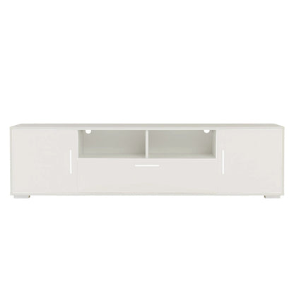Meuble TV blanc de 160 cm avec lumières LED, armoires et étagères ouvertes pour TV jusqu'à 65 pouces