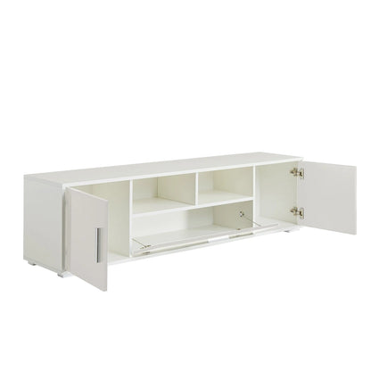 Meuble TV blanc de 160 cm avec lumières LED, armoires et étagères ouvertes pour TV jusqu'à 65 pouces