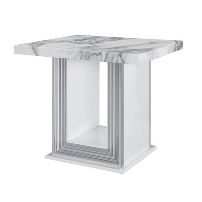 Table d'appoint sur pied 24" en faux marbre blanc et argenté et bois - 26' X '24.4' X '26