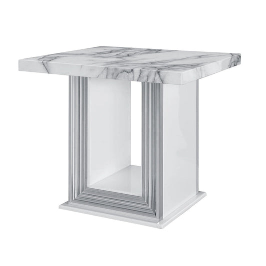 Table d'appoint sur pied 24" en faux marbre blanc et argenté et bois - 26' X '24.4' X '26