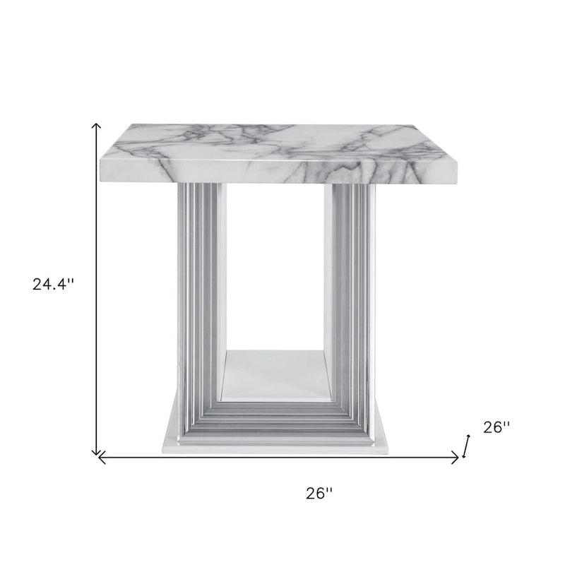 Table d'appoint sur pied 24" en faux marbre blanc et argenté et bois - 26' X '24.4' X '26