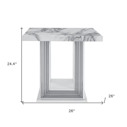 Table d'appoint sur pied 24" en faux marbre blanc et argenté et bois - 26' X '24.4' X '26