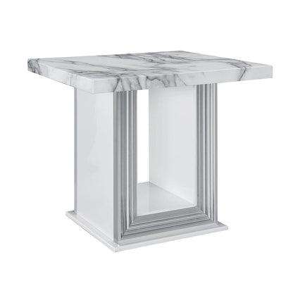 Table d'appoint sur pied 24" en faux marbre blanc et argenté et bois - 26' X '24.4' X '26