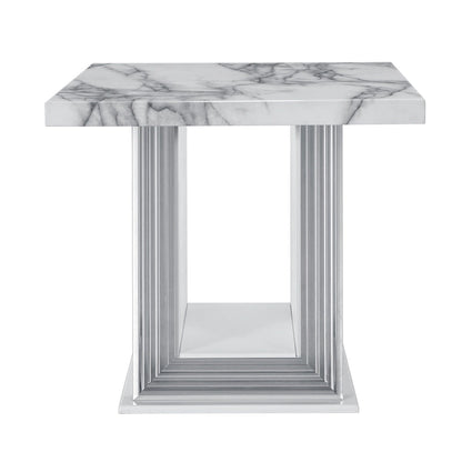Table d'appoint sur pied 24" en faux marbre blanc et argenté et bois - 26' X '24.4' X '26