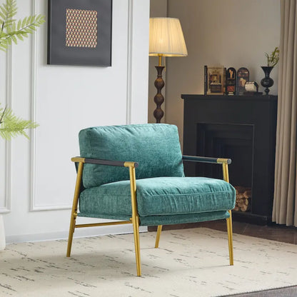 Fauteuil d'appoint moderne avec coussins moelleux, cadre métallique minimaliste et accoudoirs en bois