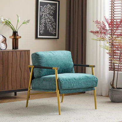 Fauteuil d'appoint moderne avec coussins moelleux, cadre métallique minimaliste et accoudoirs en bois