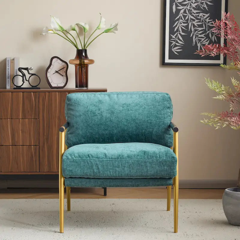 Fauteuil d'appoint moderne avec coussins moelleux, cadre métallique minimaliste et accoudoirs en bois