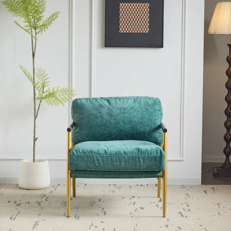 Fauteuil d'appoint moderne avec coussins moelleux, cadre métallique minimaliste et accoudoirs en bois