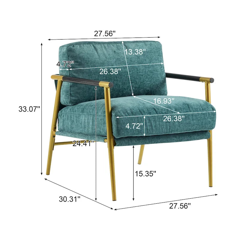 Fauteuil d'appoint moderne avec coussins moelleux, cadre métallique minimaliste et accoudoirs en bois