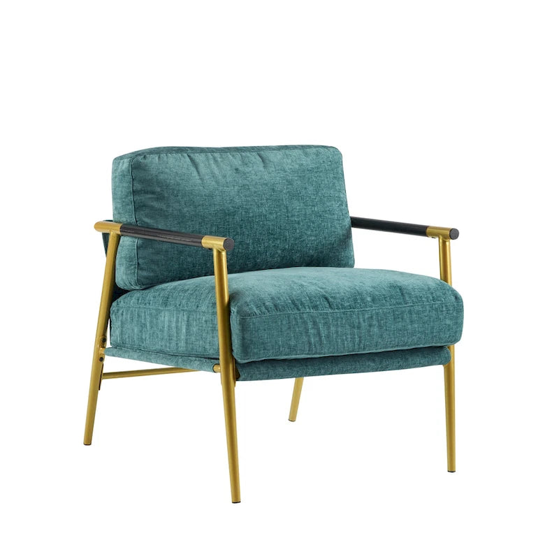 Fauteuil d'appoint moderne avec coussins moelleux, cadre métallique minimaliste et accoudoirs en bois