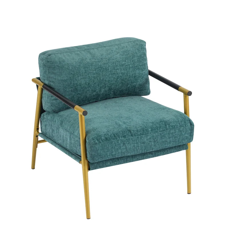 Fauteuil d'appoint moderne avec coussins moelleux, cadre métallique minimaliste et accoudoirs en bois