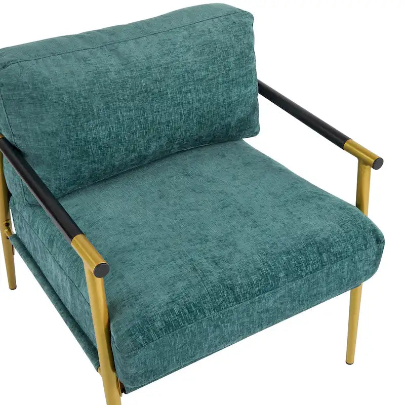 Fauteuil d'appoint moderne avec coussins moelleux, cadre métallique minimaliste et accoudoirs en bois
